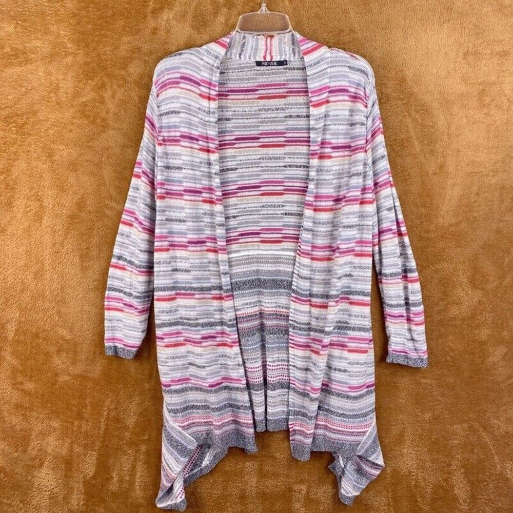 NIC + ZOE Womens Sweater Medium Gray Stripe Cardigan Open Asymmetric Linen Blend